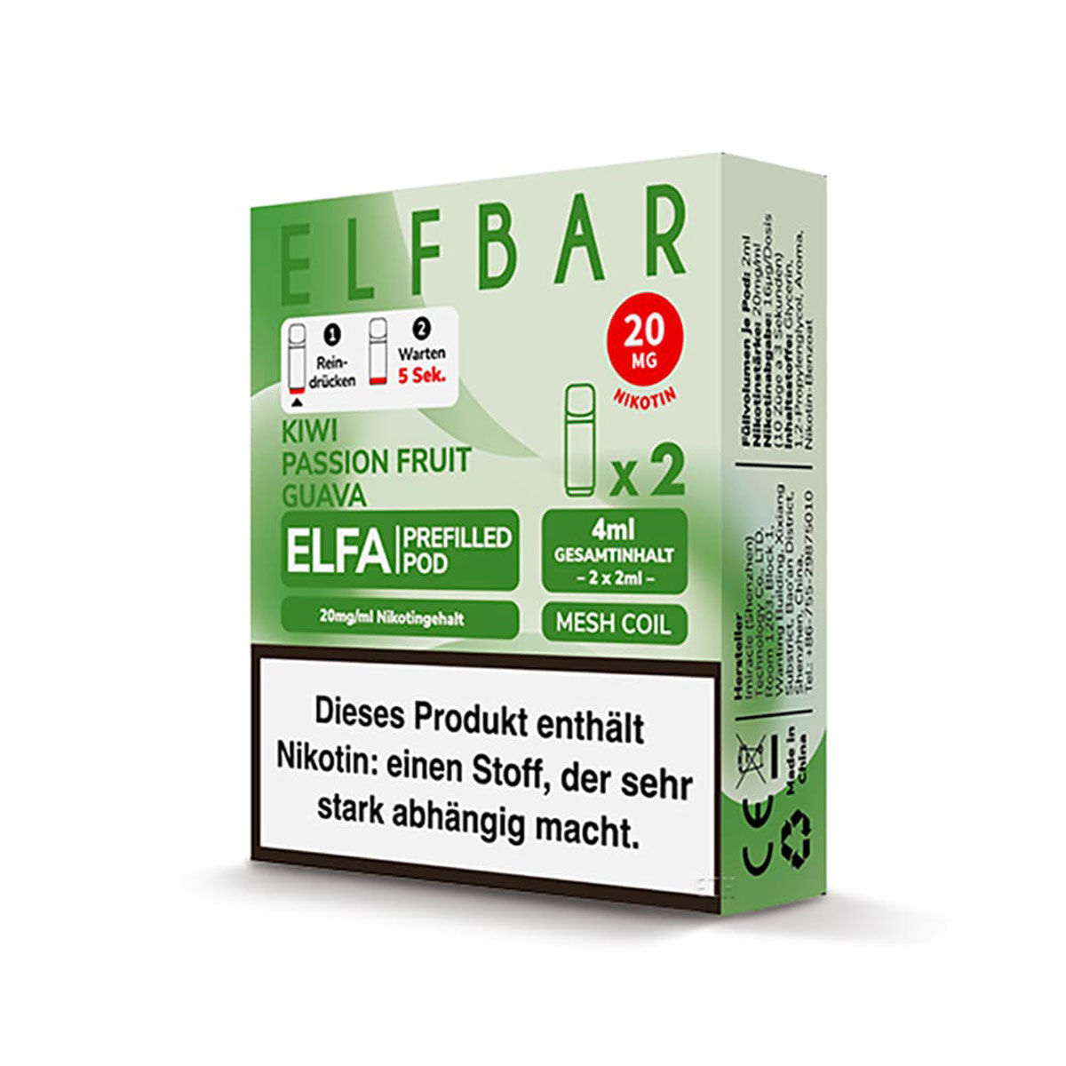 Pod mit Liquid für ELFBAR Elfa 2x2ml Kiwi Passion Fruit Guava 20mg/ml