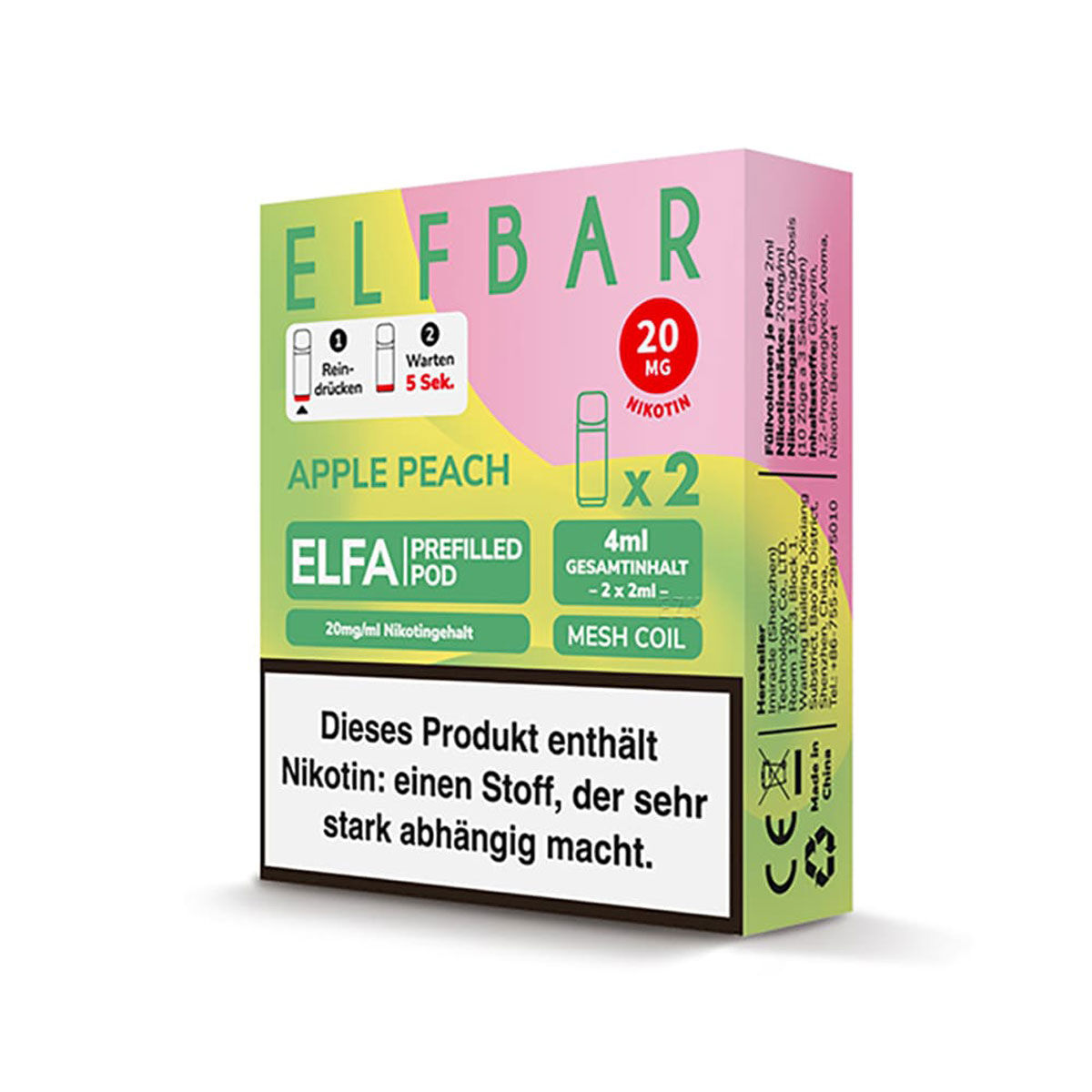 Pod mit Liquid für ELFBAR Elfa 2x2ml Apple Peach 20mg/ml