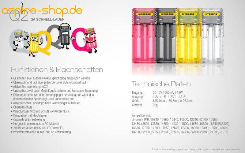 Ladegerät Q2 2x 1000mA / 1x 2000mA Nitecore